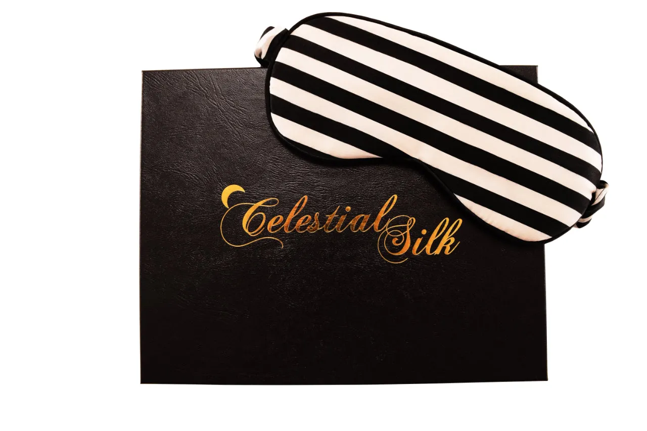 MULBERRY SILK EYE MASK - BLACK AND WHITE STRIPE