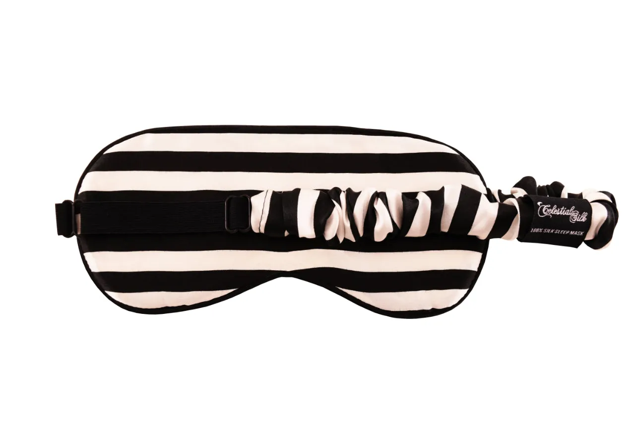 MULBERRY SILK EYE MASK - BLACK AND WHITE STRIPE